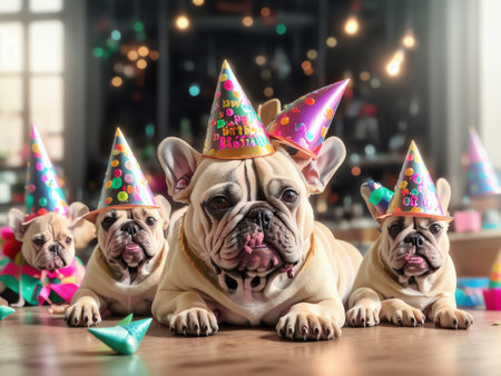 French Bulldog Birthday Party With Party Hats. Generative AIの素材