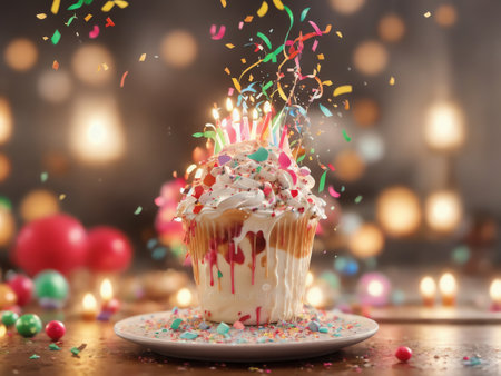 Items. A Birthday Party. Gift With Cake. Festive Poppers With Confetti. 3d Rendering Illustration. Generative AIの素材