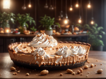 Peanut Butter Pie With Whipped Cream On Wooden Table. Illustration. Generative AIの素材