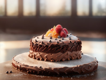 Delicious Chocolate Cake On Table With Blurred Restaurant Background. Generative AIの素材