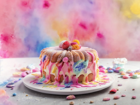 Watercolor Pink Tasty Cake On Table. Celebration Birthday Card. Cute Hand Drawn Clip Art On White Background. Generative AIの素材