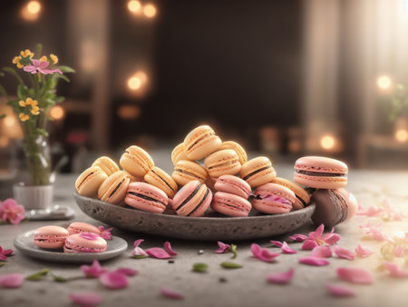 Tasty Macarons And Flower On Light Background. Generative AIの素材