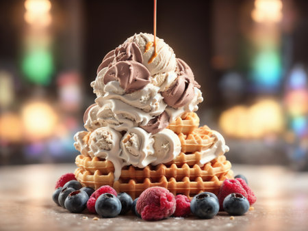 Waffle Cone With Stacked Ice Cream Scoops. Ming A Rainbow Color Palette. 3d Illustration. Generative AIの素材