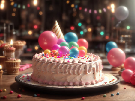 Of A Birthday Cake And Balloons. Generative AIの素材