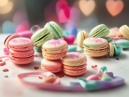 Watercolor Macarons With Ribbon White Background Valentines Day Illustration. Generative AIの素材