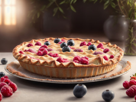 Watercolor Sketch Of Pie With Berries Isolated On White Background. Generative AIの素材