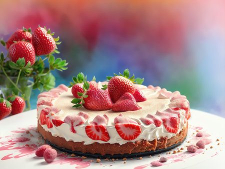 Watercolor Strawberry Cheesecake Dessert Illustration Isolated On White Background. Delicious Triangle Cake Piece With Red Berries And Green Mint Leaves Clipart. Generative AIの素材