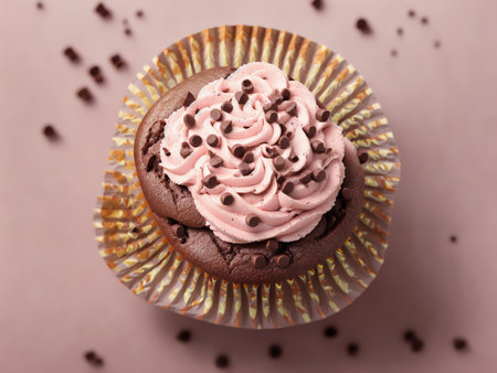 Tasty Chocolate Caramel Cupcakes And Muffins With Raisin. Isolated On A Light Pink Background. Top View. Generative AIの素材