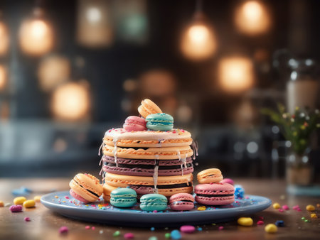 Festive Birthday Colorful Cake Decorated With Sweets. Macarons On A Blue Background. 3d. Generative AIの素材
