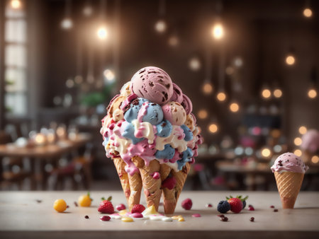 Colorful Ice Cream Sundae In A Glass On A Table In A Restaurant. Generative AIの素材