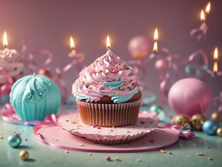 Flying Cake With Air Balloons And Candles On A Pink Background. Holiday Concept. Realistic Birthday Cake. 3d Rendering. Generative AIの素材