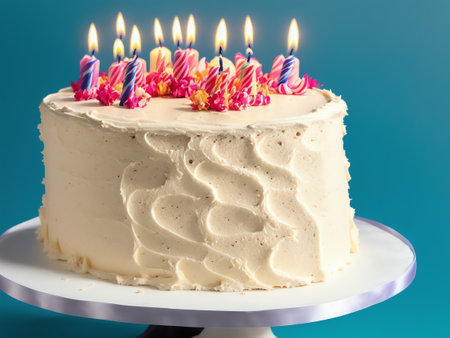 White Birthday Cake With Candles Over Blue Background. Blank Empty Space. Generative AIの素材