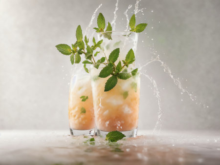 Limes And Mint Leaves With A Water Splash. Refreshing Summer Cocktail Theme On White Background. Generative AIの素材