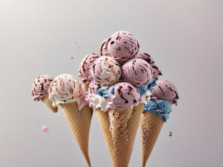 Colorful Ice Cream Scoops With Decor On A White Background. Generative AIの素材