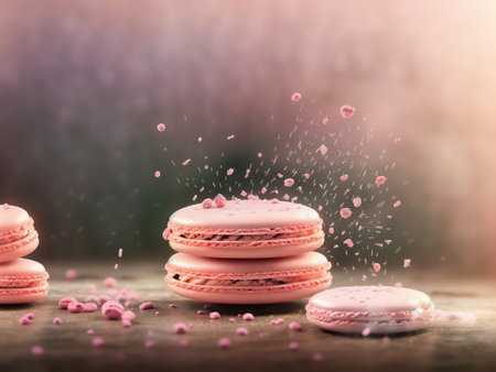 Pastel Colored Macarons In Motion Falling On Light Pink. Generative AIの素材