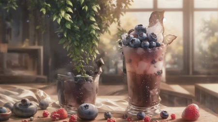 Healthy Cold Blueberry Drink In Glass With Fresh Berries And Ice. Generative AIの素材