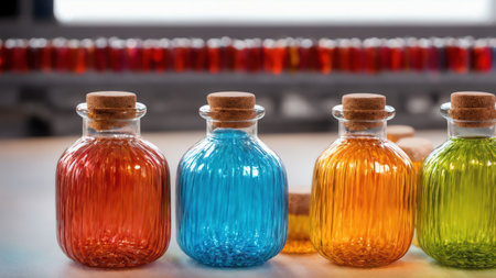 Medicine Bottles Filled On Production Line From Glass. Generative AIの素材