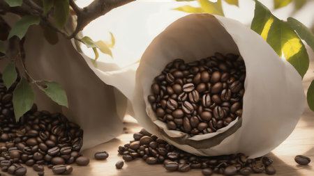 Red Coffee Beans. Leaves. Tree Branch On White. Generative AIの素材