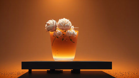 Minimal 3d Podium With Cotton Flowers On Orange Background. Generative AIの素材