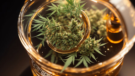 Cbd Oil. Thc Tincture. Hemp Leaves. Cosmetics In Glass Bottles. Generative AIの素材