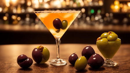 Dry Martini With Olives In A Triangle Glass At Bar Party. Generative AIの素材