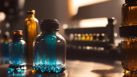 Medicine Bottles Filled On Production Line From Glass. Generative AIの素材
