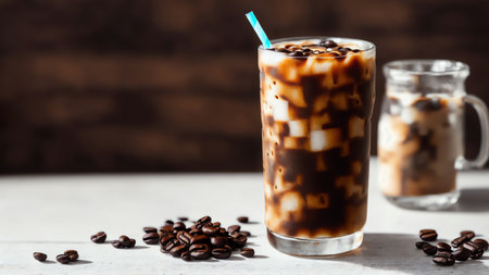 Iced Coffee On Kitchen Table With Cold Brew. Generative AIの素材