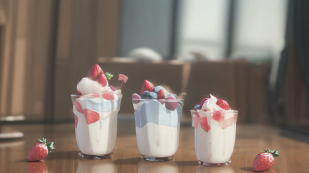 3d Rendering Of Milk. Yogurt And Strawberry Splash On White. Generative AIの素材