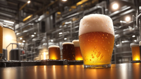 Beer Brewery Plant Produces Glass Bottled Beer On Production Line. Generative AIの素材
