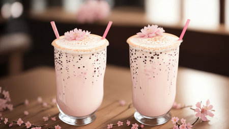 Pink Sakura Latte Milkshake On Background. Generative AIの素材