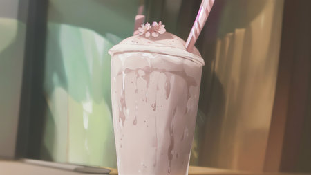 Pink Sakura Latte Milkshake On Background. Generative AIの素材