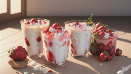 3d Rendering Of Milk. Yogurt And Strawberry Splash On White. Generative AIの素材