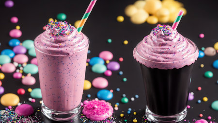 Colorful Milkshake On Black With Whip And Sprinkles. Generative AIの素材