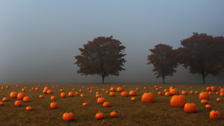A Field Full Of Pumpkins With Trees In The Background. Generative AIの素材
