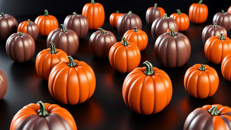 A Group Of Orange And Brown Pumpkins On A Black Surface. Generative AIの素材