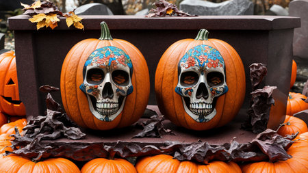 A Couple Of Pumpkins Sitting On Top Of A Pile Of Leaves. Generative AIの素材