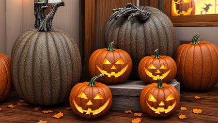 A Group Of Carved Pumpkins Sitting On Top Of A Wooden Floor. Generative AIの素材
