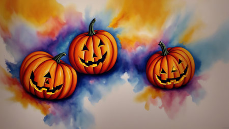 A Painting Of Three Pumpkins With Faces Carved Into Them. Generative AIの素材