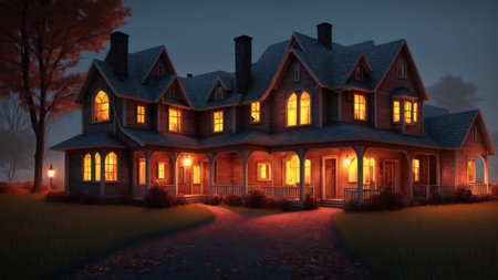A Painting Of A House Lit Up At Night. Generative AIの素材