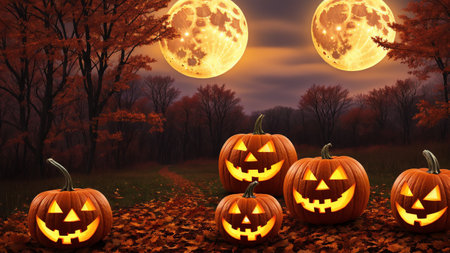 A Group Of Carved Pumpkins In Front Of A Full Moon. Generative AIの素材