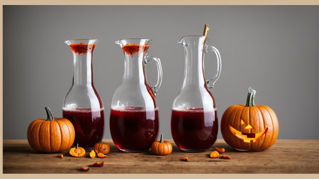 A Wooden Table Topped With Three Pitchers Filled With Liquid. Generative AIの素材