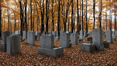 A Group Of Headstones In A Cemetery Surrounded By Leaves. Generative AIの素材