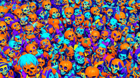 A Large Group Of Orange And Blue Skulls. Generative AIの素材