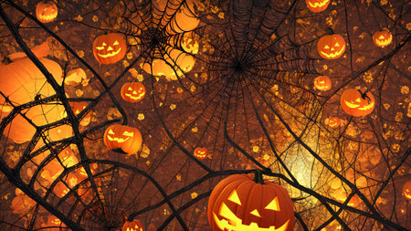 A Group Of Pumpkins Sitting On Top Of A Tree. Generative AIの素材