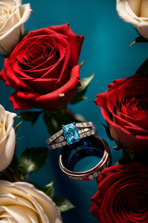 A Couple Of Rings Sitting On Top Of A Bouquet Of Roses. Generative AIの素材