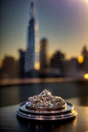 A Close Up Of A Plate On A Table With A City In The Background. Generative AIの素材