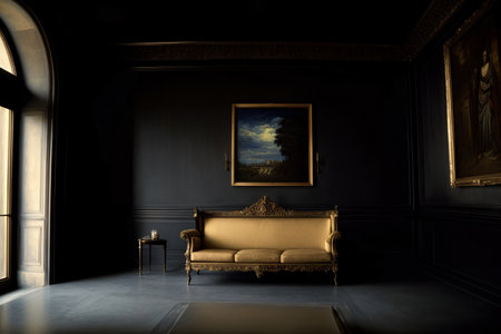 A Couch In A Dark Room With A Painting On The Wall. Generative AIの素材