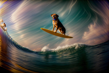 A Dog Riding A Surfboard On Top Of A Wave. Generative AIの素材