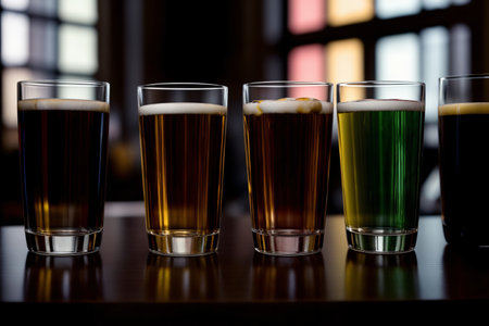A Row Of Glasses Filled With Different Types Of Beer. Generative AIの素材