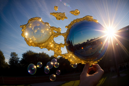 A Hand Holding A Soap Bubble In Front Of The Sun. Generative AIの素材